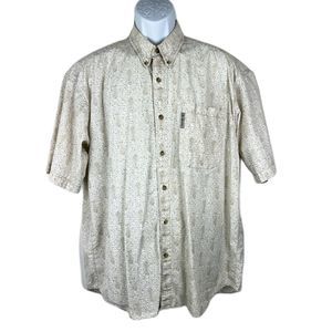 Columbia Button Down Shirt Men Large Cream Fish All Over Print Short Sleeve
